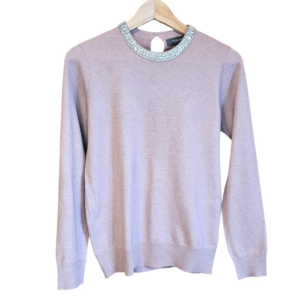 Primark Women’s Sweater Rhinestone Collar Beaded Neck Light Pink Small US 6/8